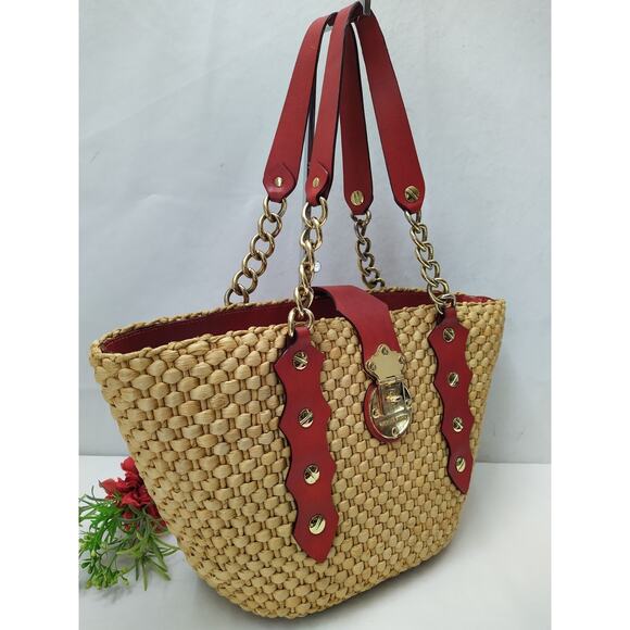 Michael Kors Santorini Straw Corn Husk Leather Trim Turn Lock Tote Shoulder Bag - Picture 3 of 16